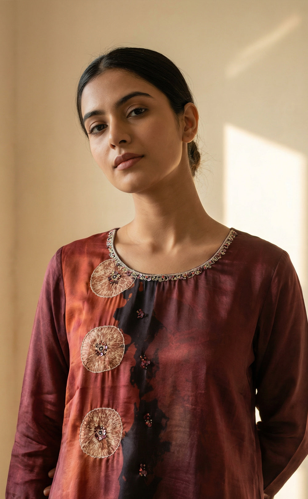 Maroon Muslin Silk Shibori print Indo Western Co-ord Set