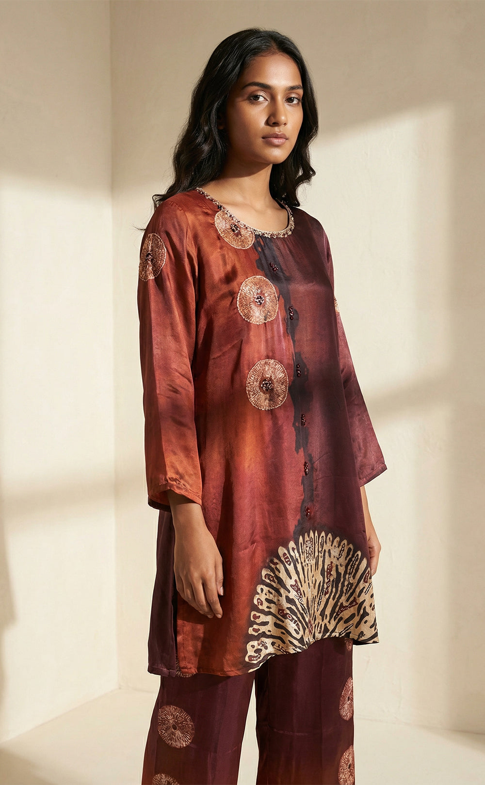 Maroon Muslin Silk Shibori print Indo Western Co-ord Set