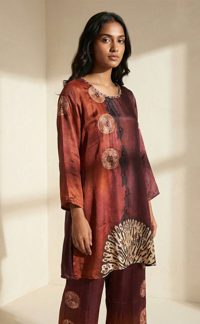 Maroon Muslin Silk Shibori print Indo Western Co-ord Set