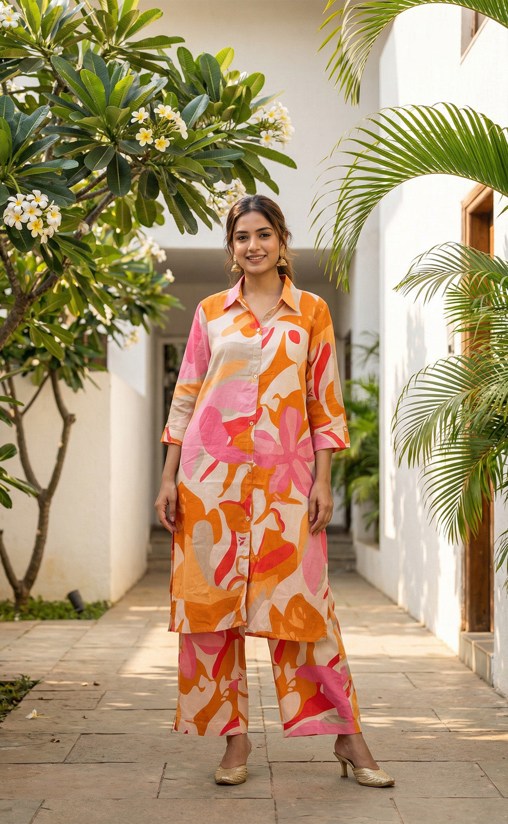 Warm Orange Mul Cotton peach pink printed Co-ord Set