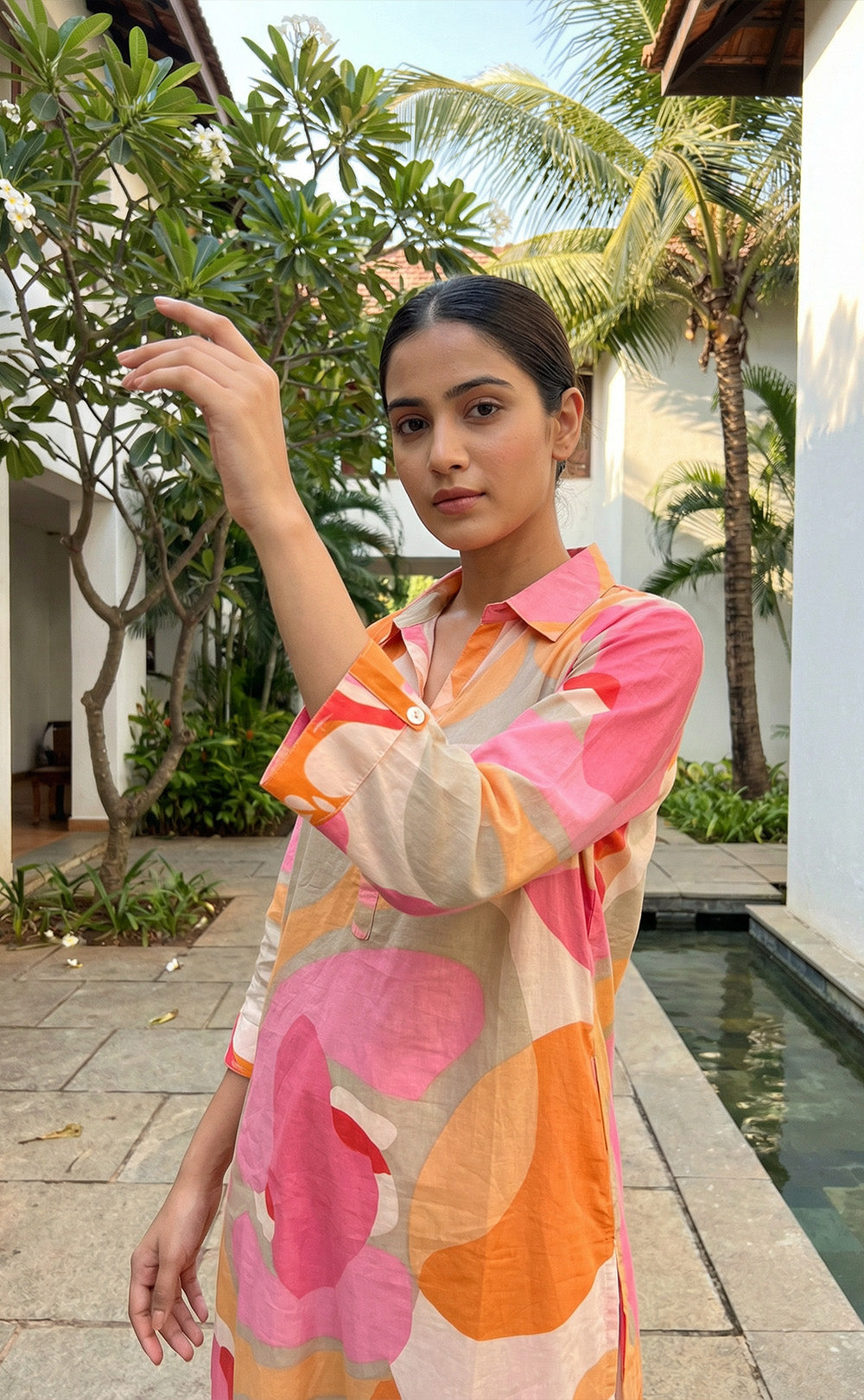 Warm Orange Mul Cotton peach pink printed Co-ord Set