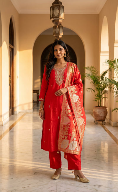 Red Fancy Beats Embroidery work Kurti set