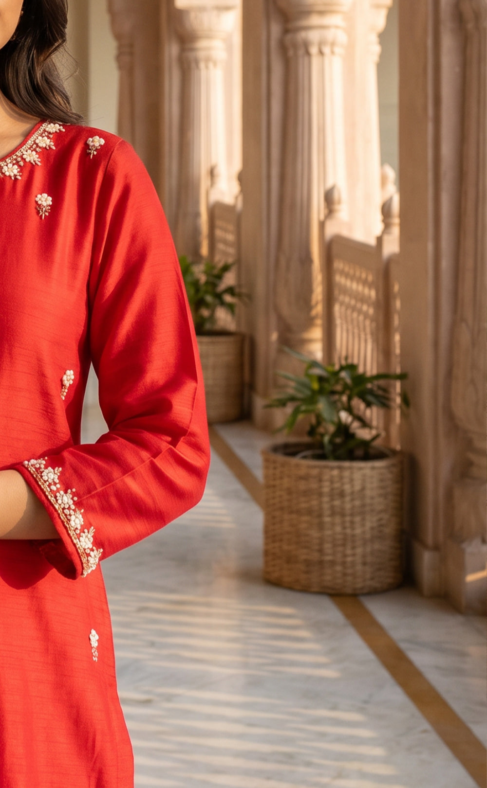 Red Fancy Beats Embroidery work Kurti set