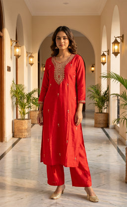 Red Fancy Beats Embroidery work Kurti set