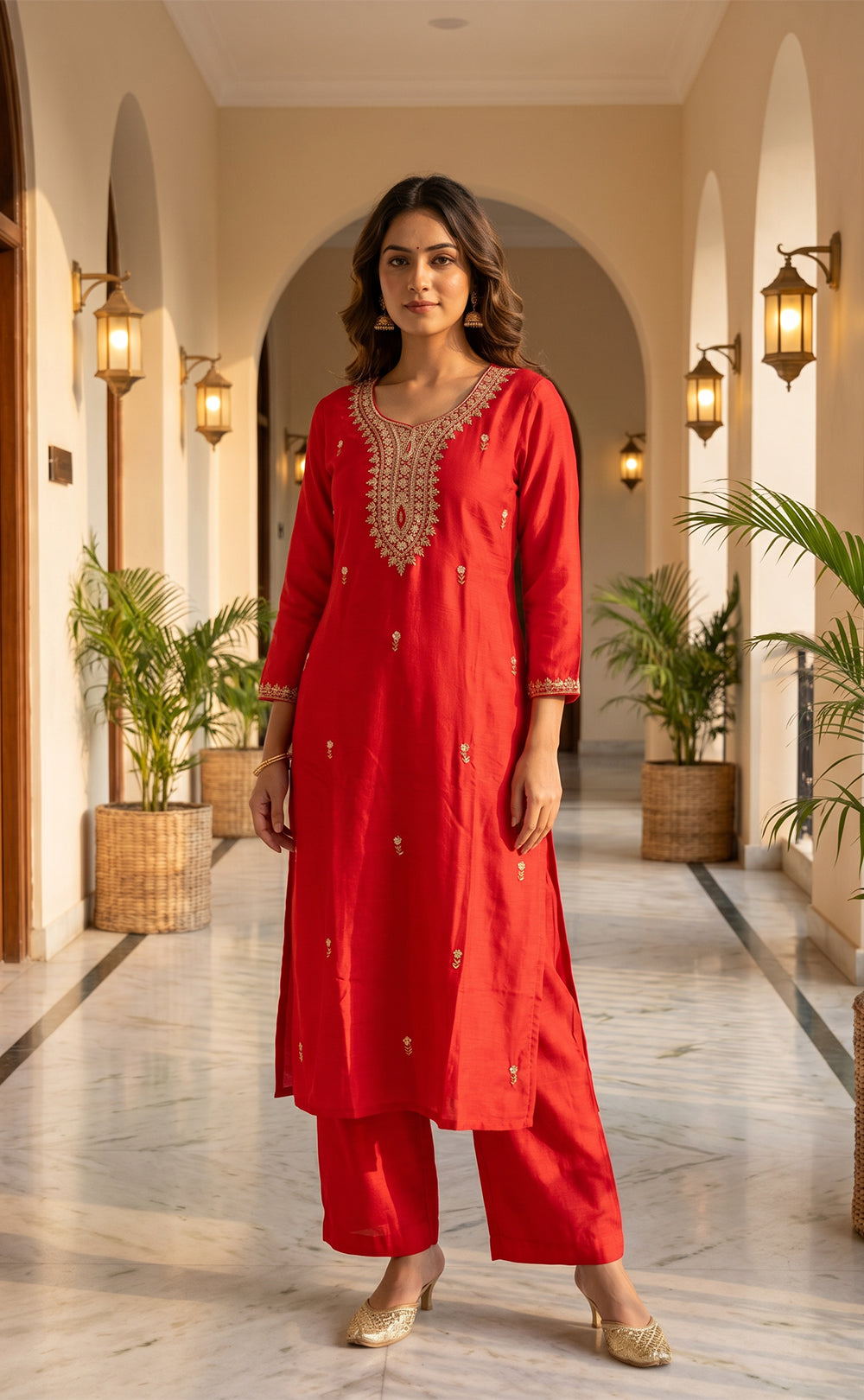 Red Fancy Beats Embroidery work Kurti set