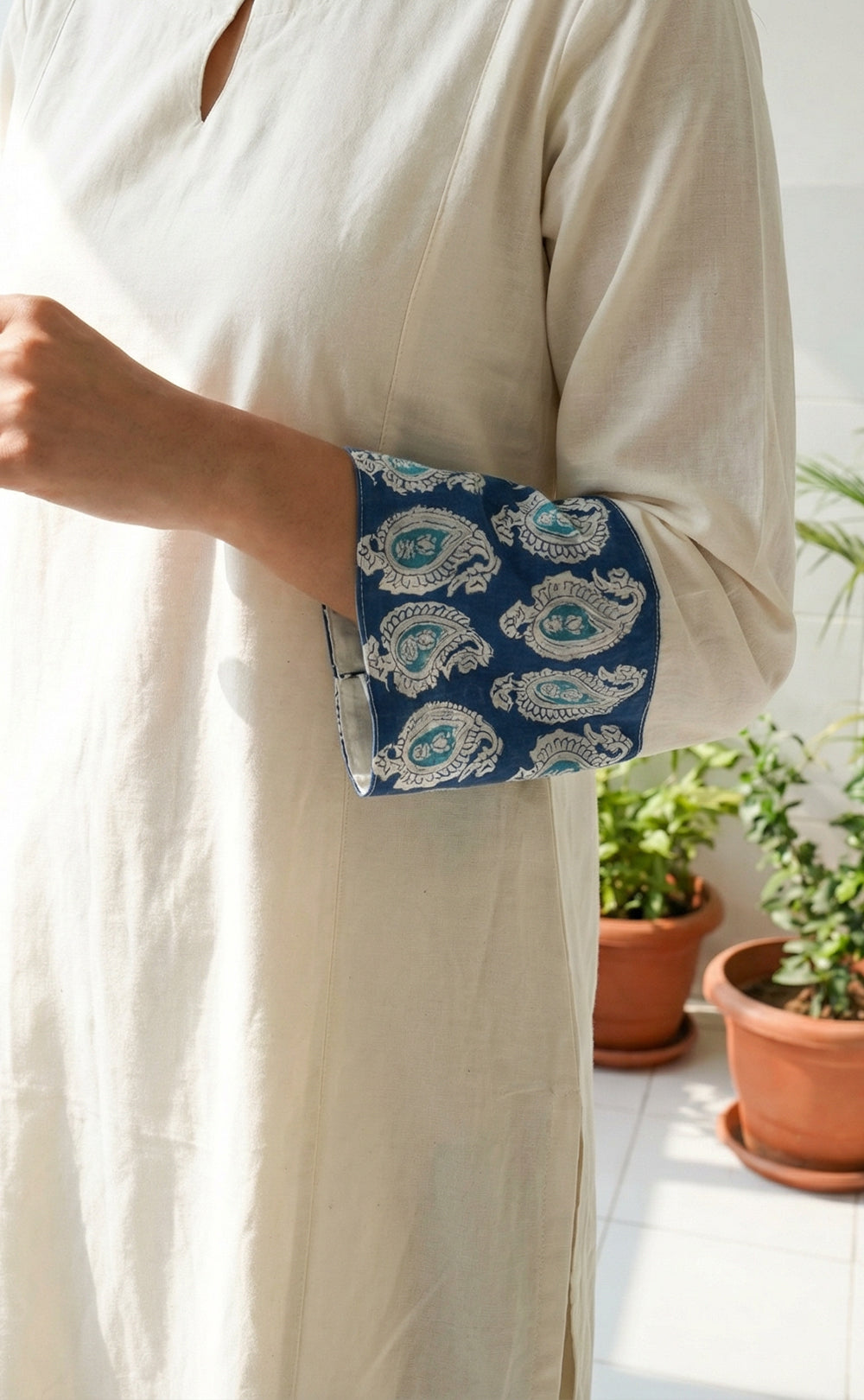 White Cotton with Blue block print border Anarkali set