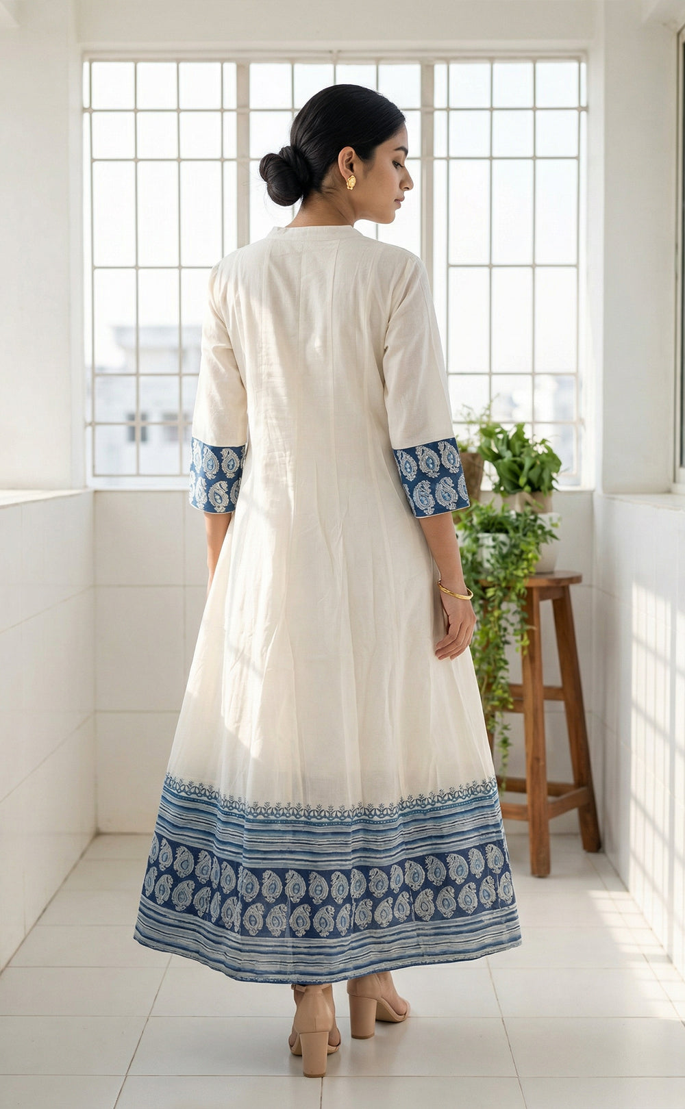 White Cotton with Blue block print border Anarkali set