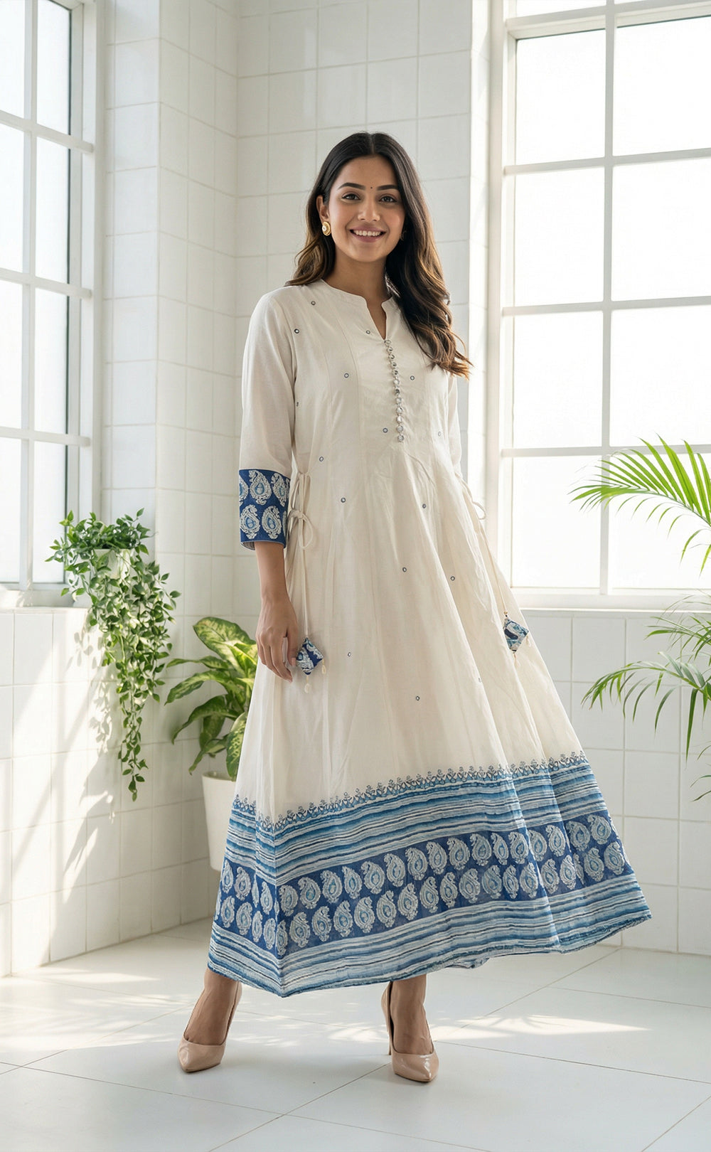 White Cotton with Blue block print border Anarkali set