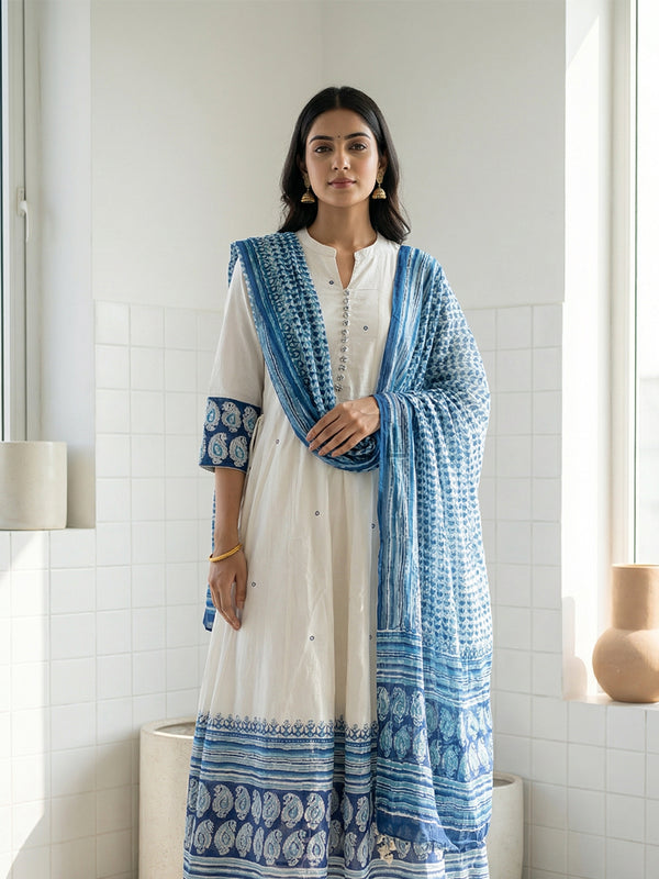 White Cotton with Blue block print border Anarkali set