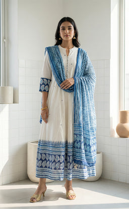 White Cotton with Blue block print border Anarkali set