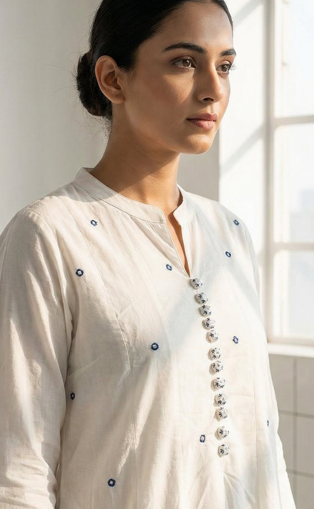 White Cotton with Blue block print border Anarkali set