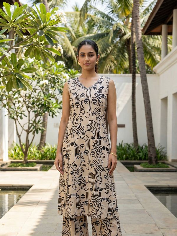 Cream Cotton Face Print Co-ord Set
