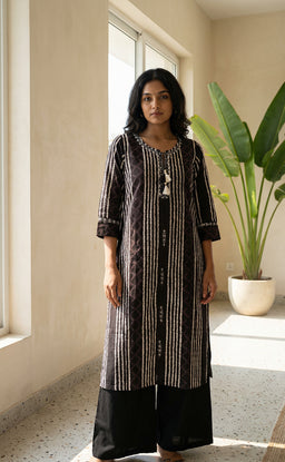 Dark Wine Cotton Mirror Thread Work with Lace Neck Kurti Set