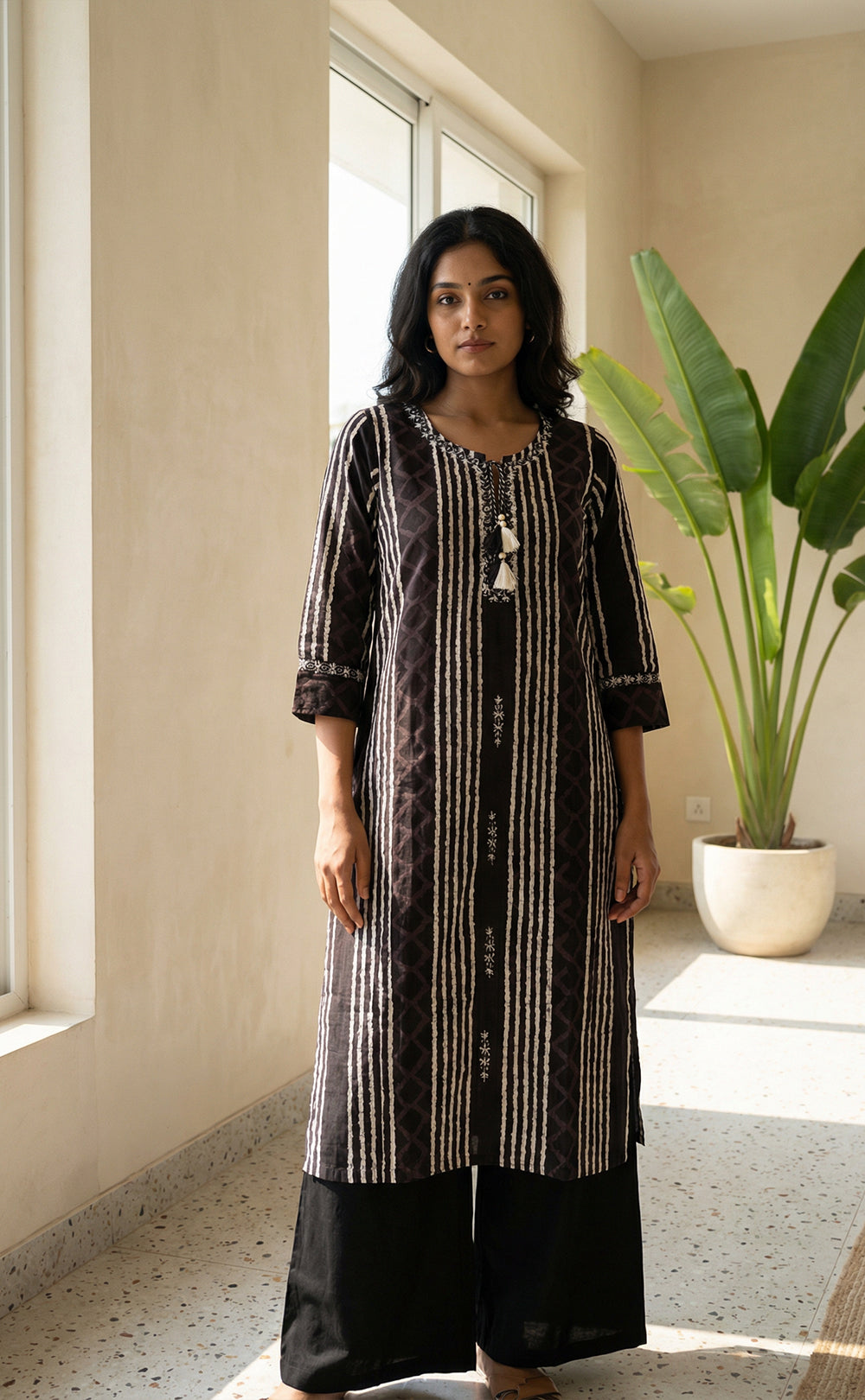 Dark Wine Cotton Mirror Thread Work with Lace Neck Kurti Set