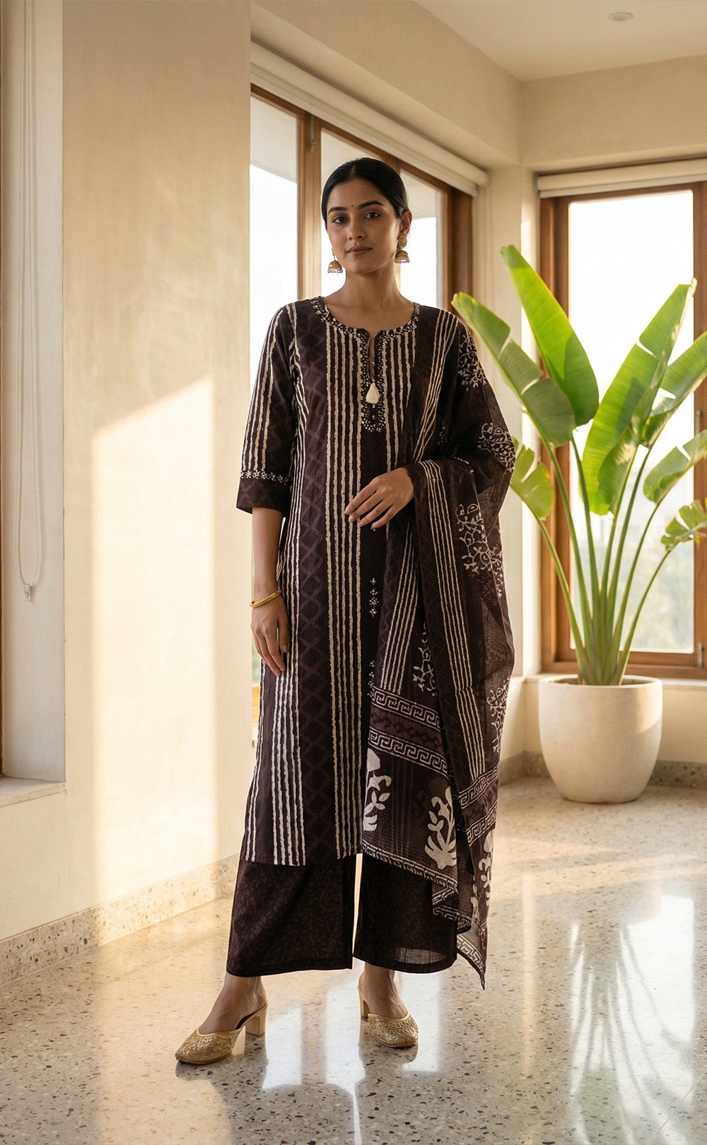 Dark Wine Cotton Mirror Thread Work with Lace Neck Kurti Set