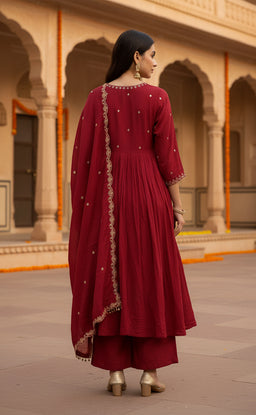 Maroon Mul Chanderi Embroidered neck work Anarkali Kurti Set