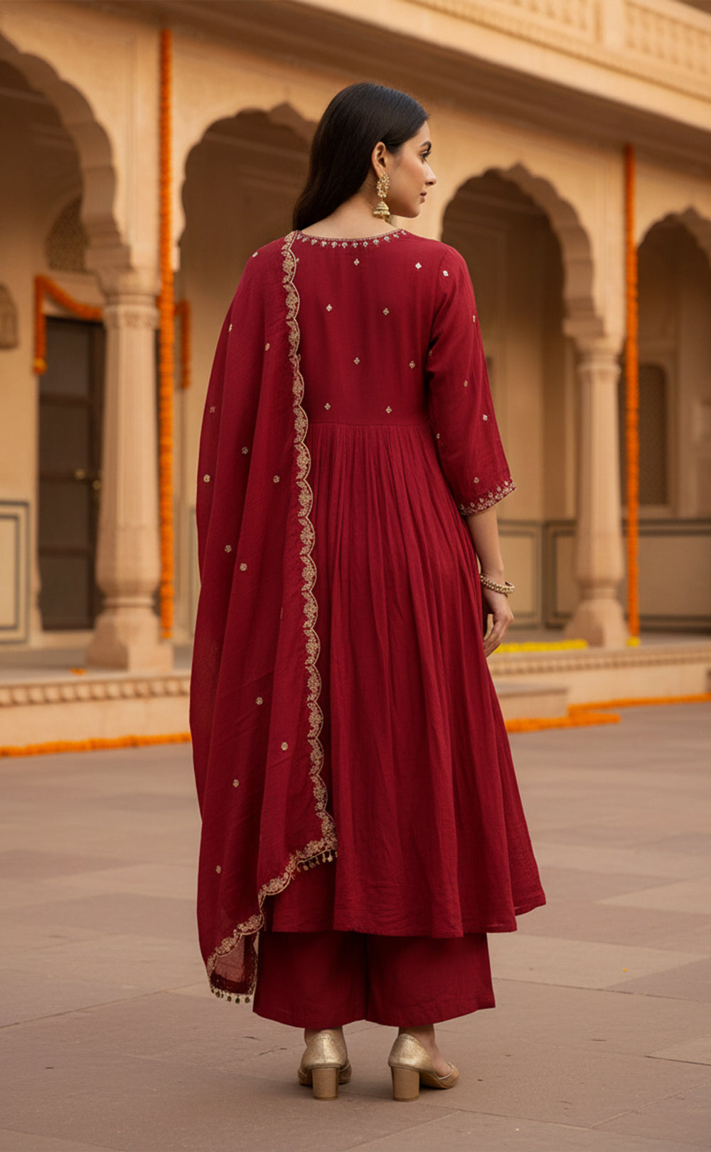 Maroon Mul Chanderi Embroidered neck work Anarkali Kurti Set