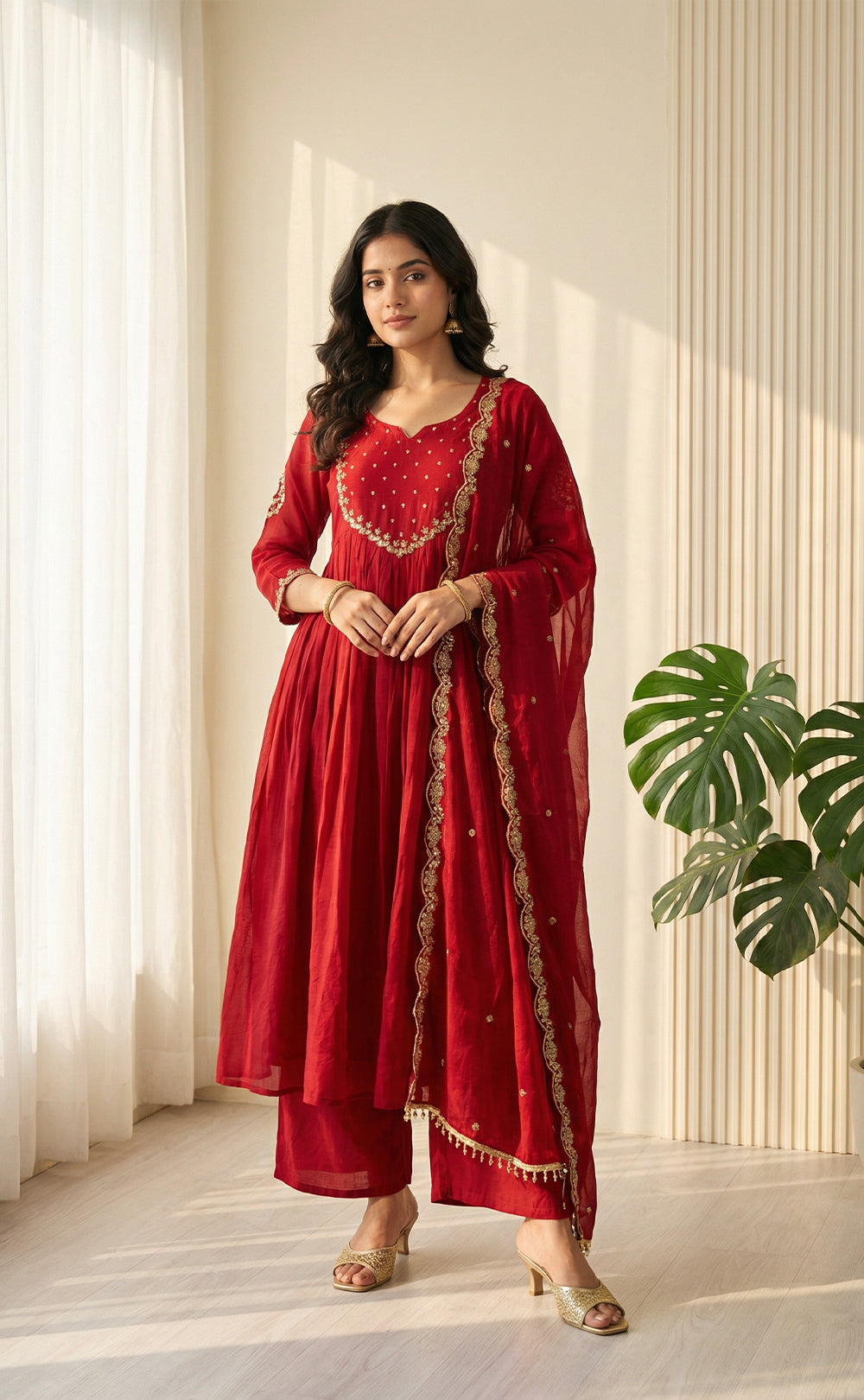 Maroon Mul Chanderi Embroidered neck work Anarkali Kurti Set