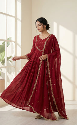 Maroon Mul Chanderi Embroidered neck work Anarkali Kurti Set