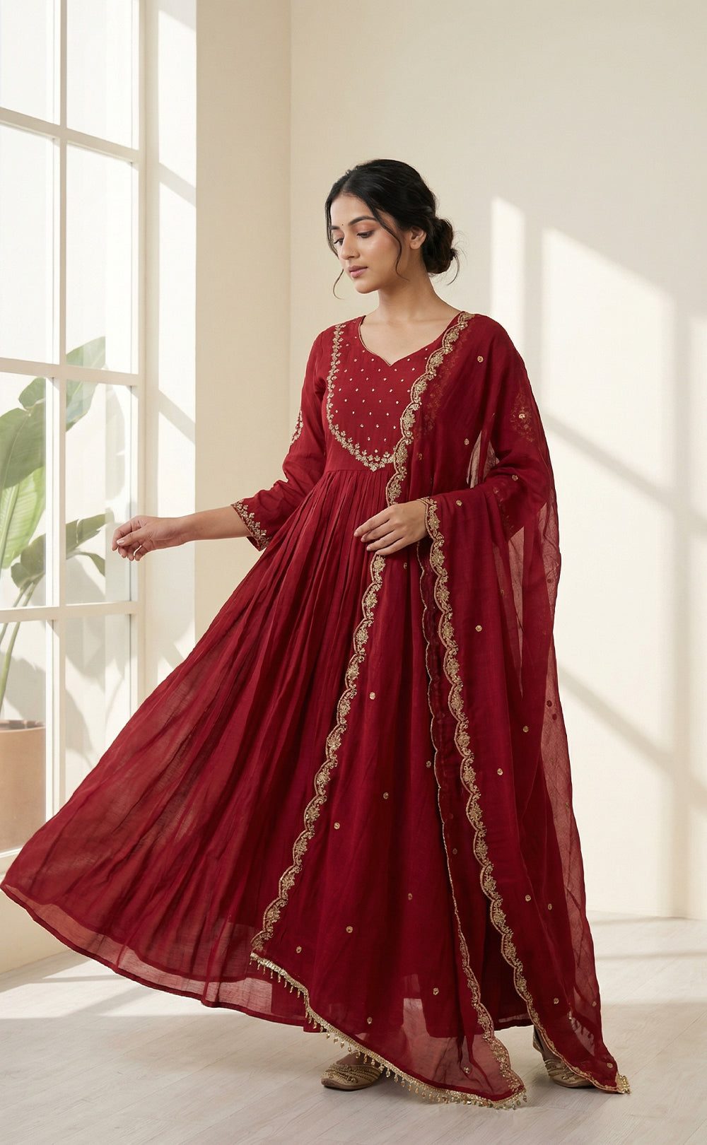Maroon Mul Chanderi Embroidered neck work Anarkali Kurti Set