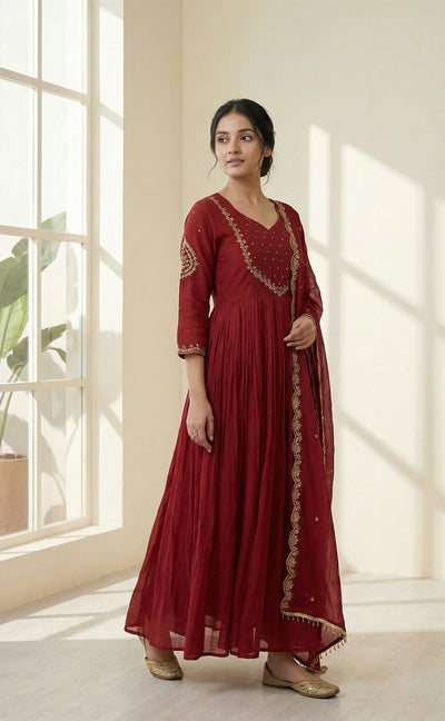Maroon embroidered neck work Anarkali kurti set with Border printed dupatta and matching pant