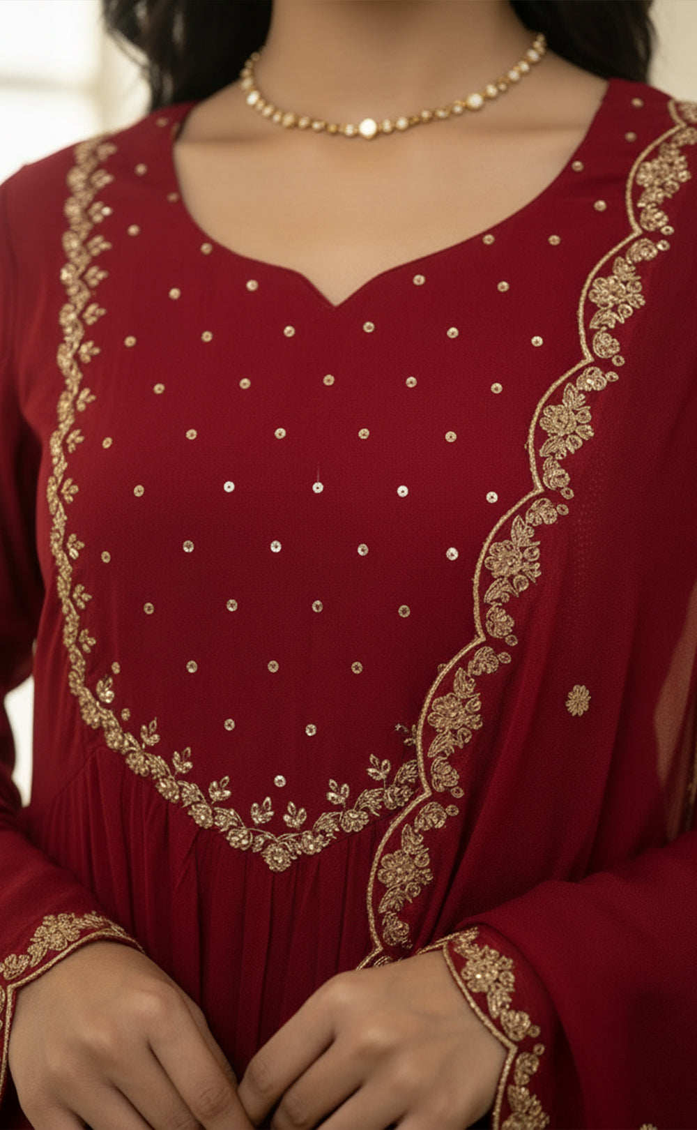 Maroon Mul Chanderi Embroidered neck work Anarkali Kurti Set