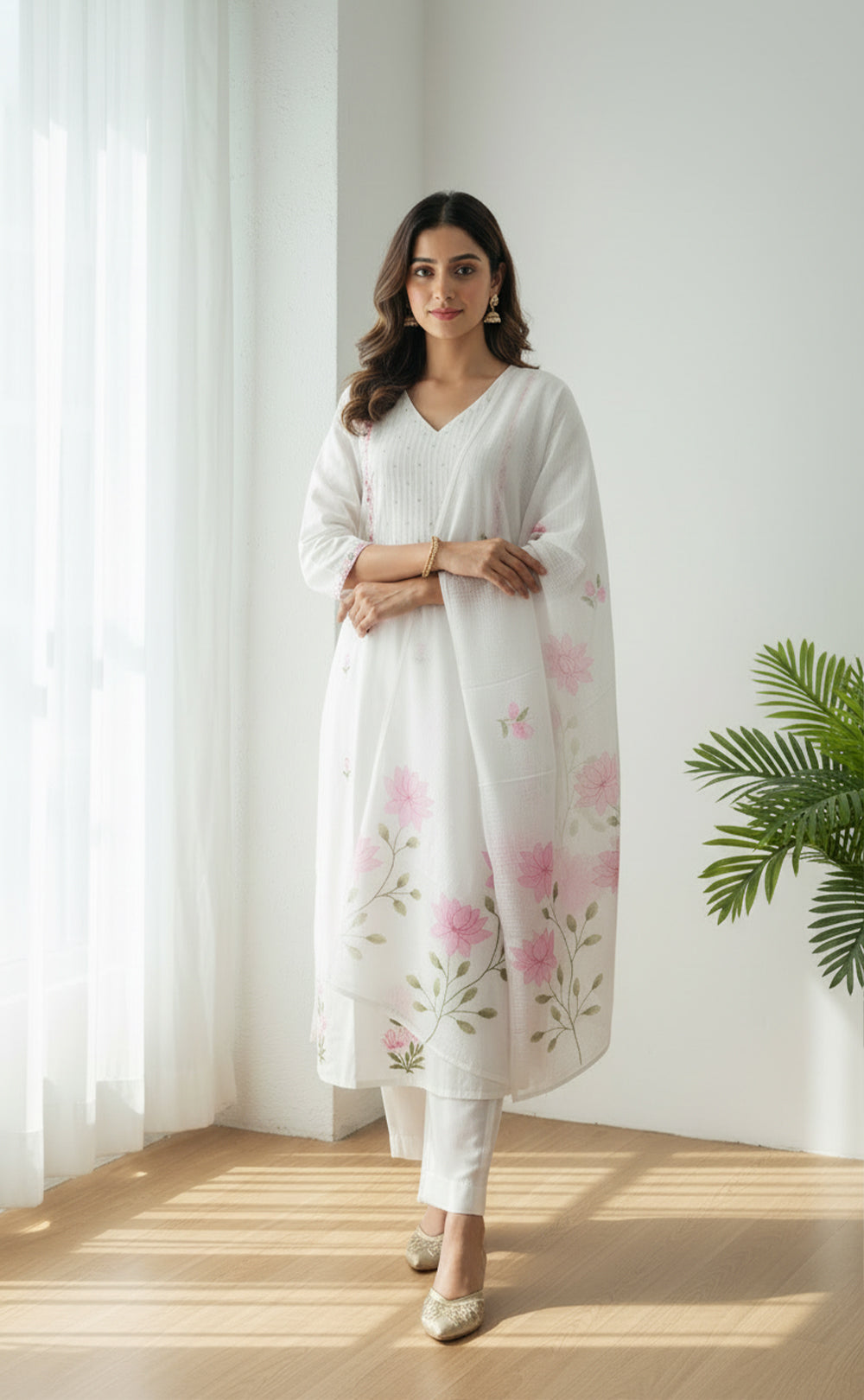 White Cotton 3- Piece kurti set with Brush paint Dupatta