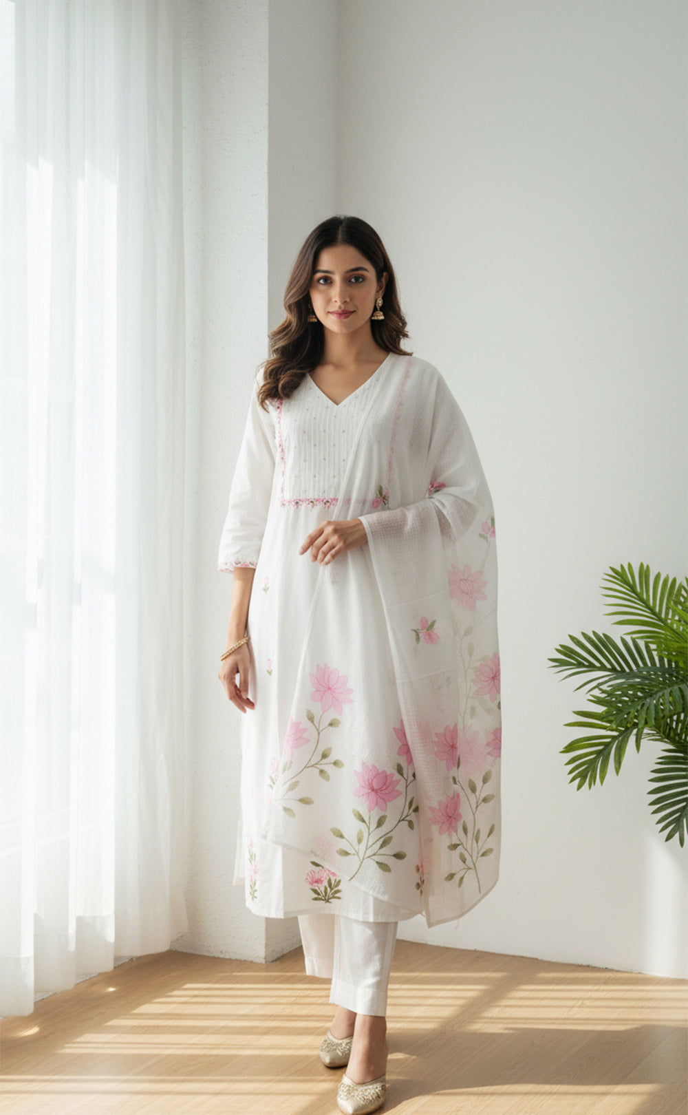 White Cotton 3- Piece kurti set with Brush paint Dupatta