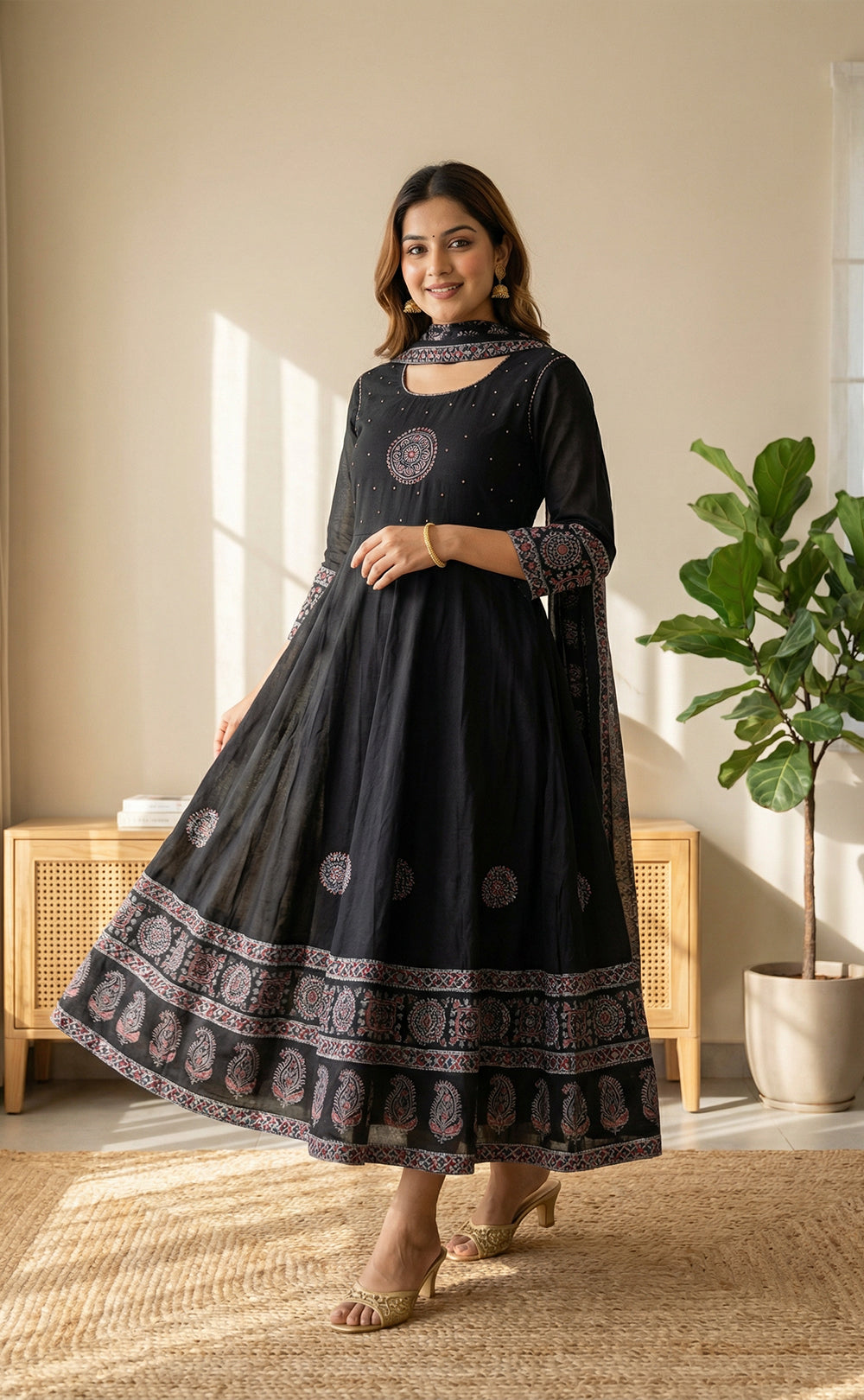 Black cotton Ghera kurti set with kanta neck work with kalamkari  printed dupatta
