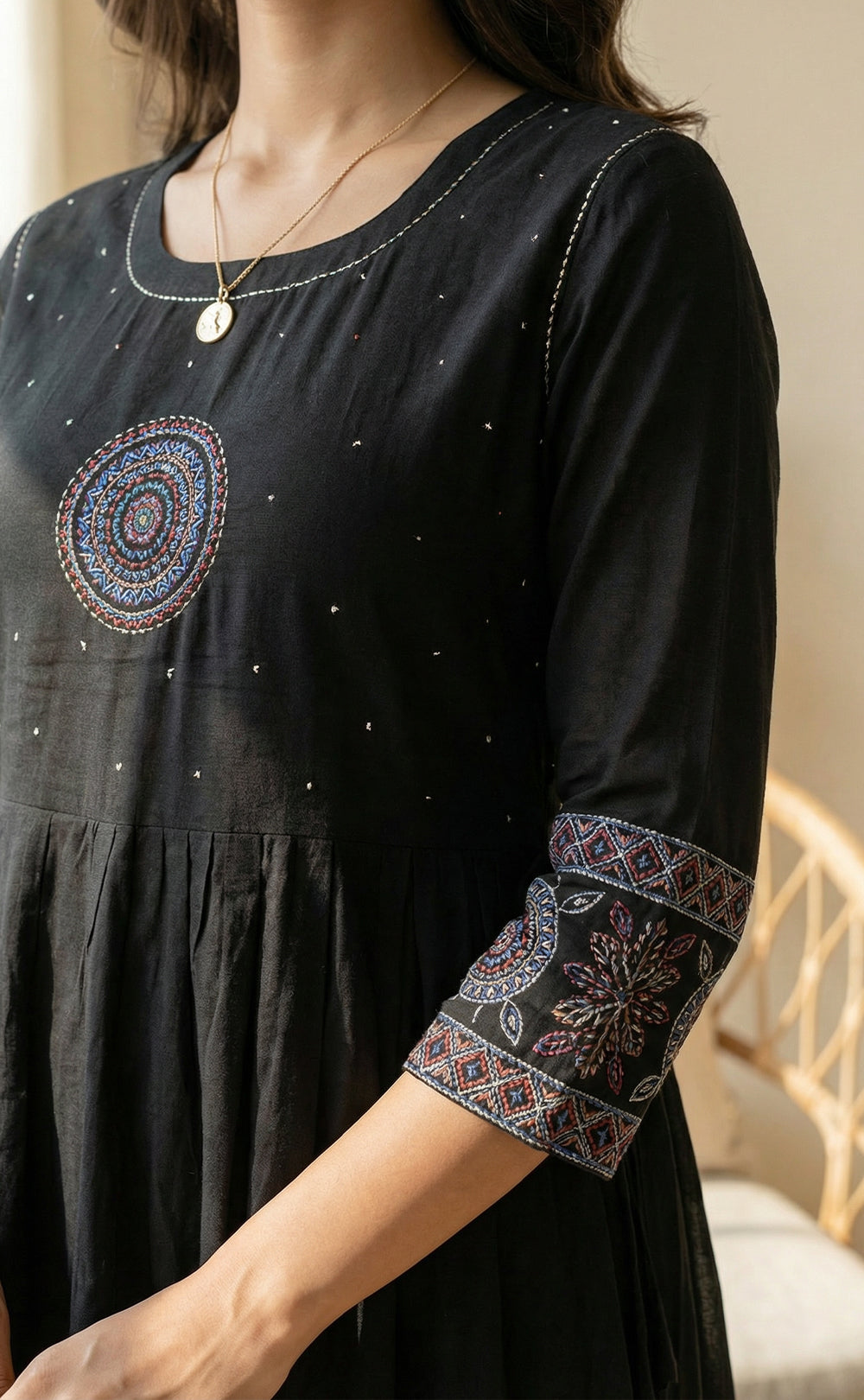 Black cotton Ghera kurti set with kanta neck work with kalamkari  printed dupatta