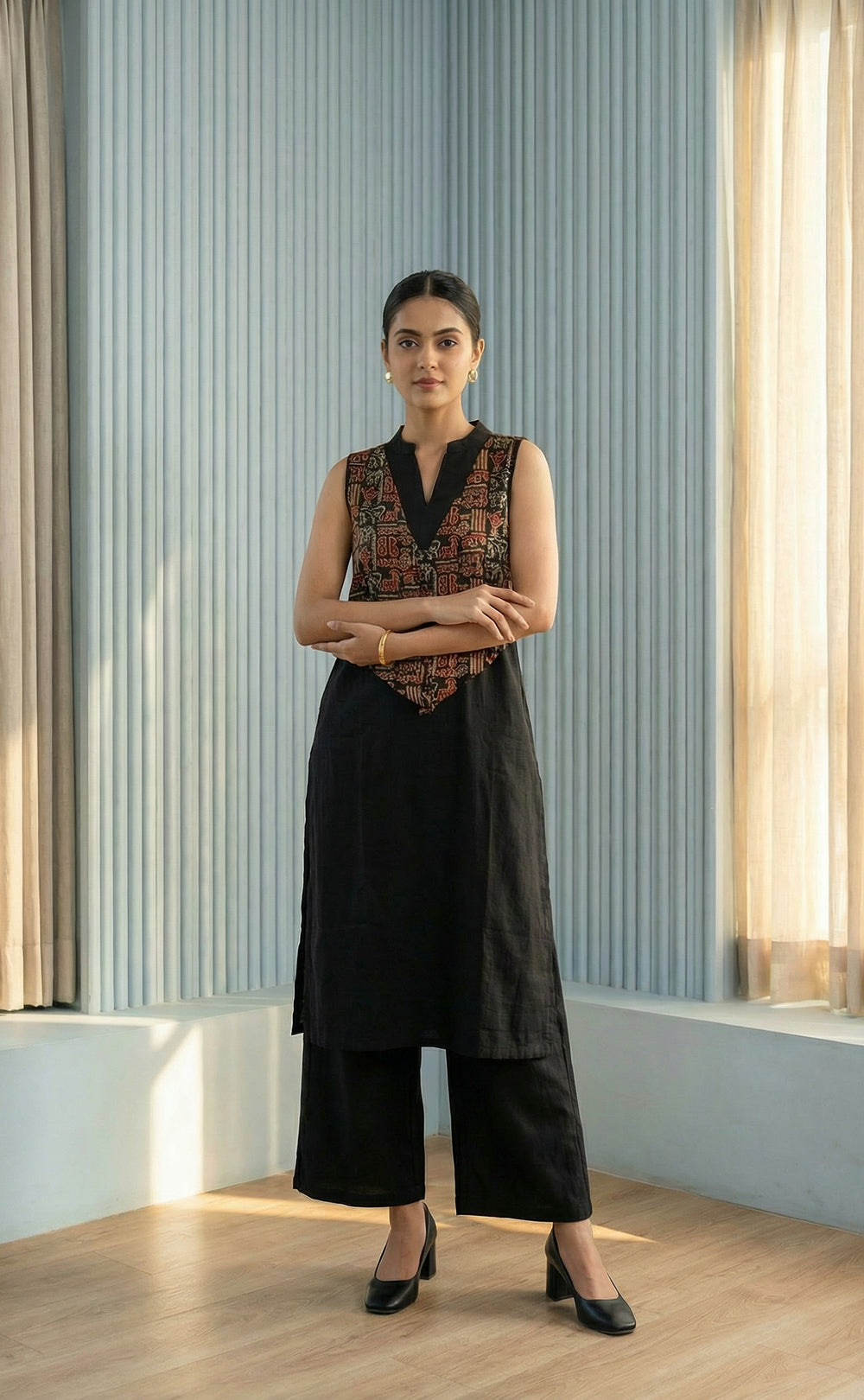 Black Cotton plazo set with Kalamkari Jocket