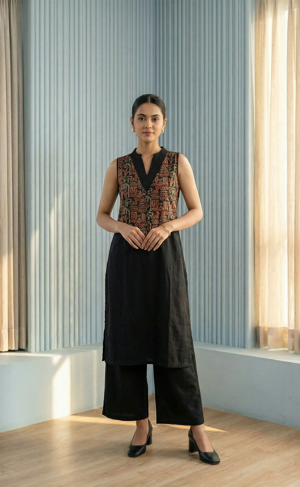 Black Cotton plazo set with Kalamkari Jocket