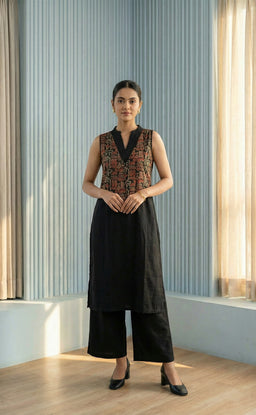 Black Cotton plazo set with Kalamkari Jocket