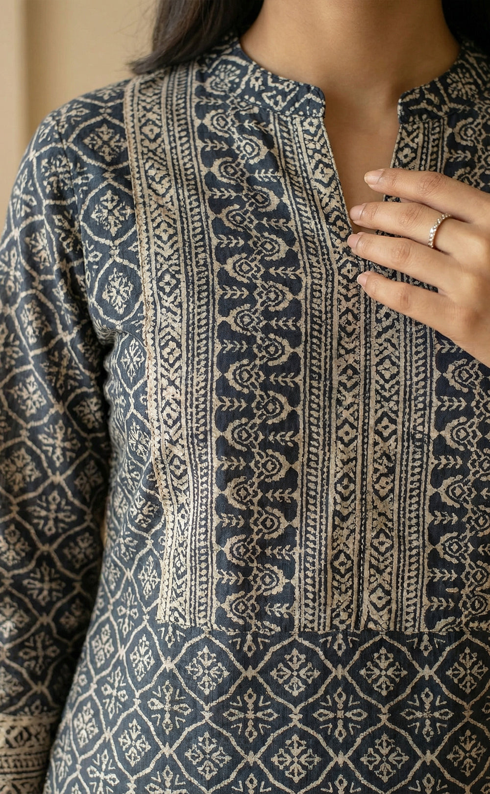 Black cotton  Ethnic printed kurti set with all over printed dupatta  a semi-collar v neck