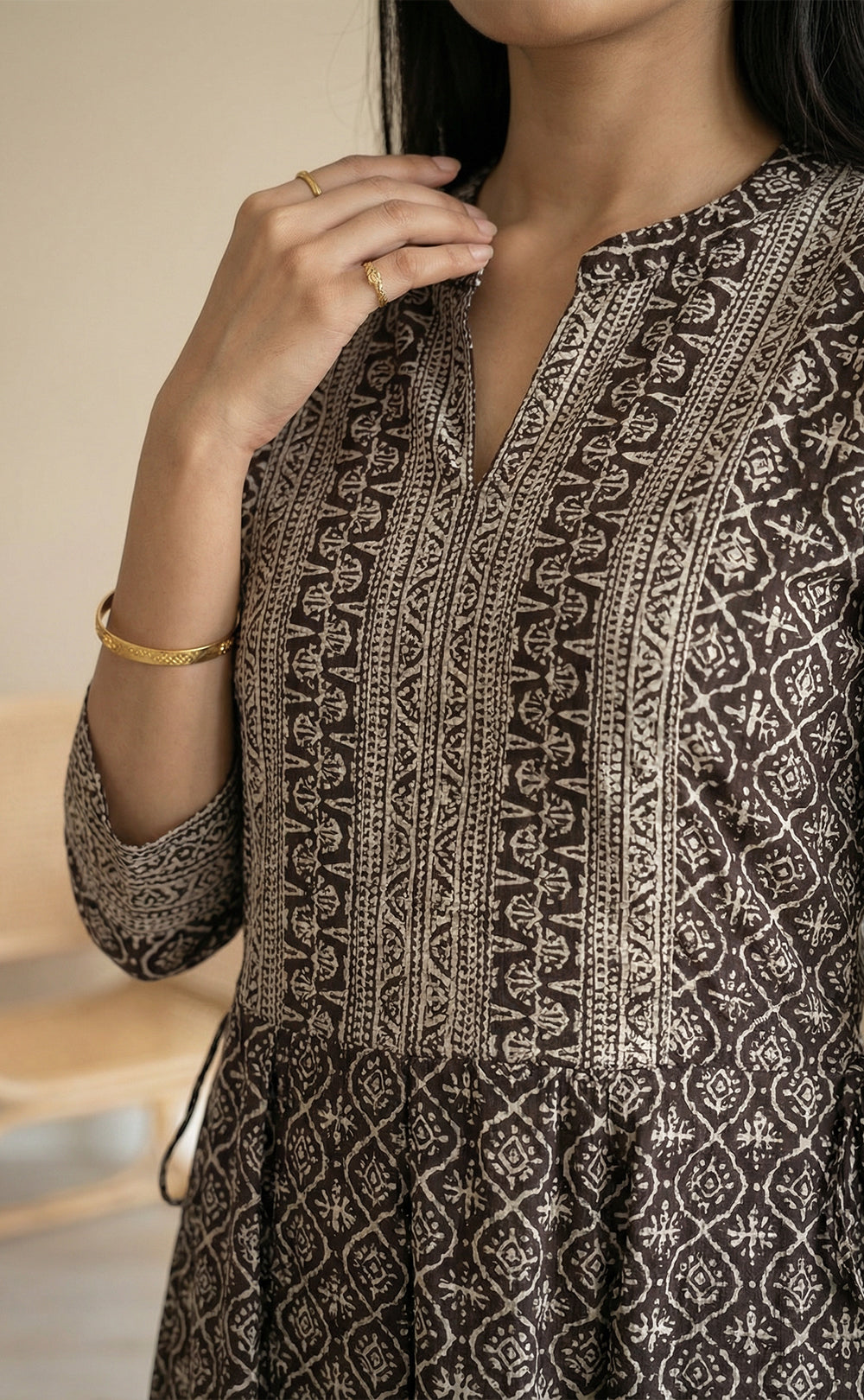 Black cotton  Ethnic printed kurti set with all over printed dupatta  a semi-collar v neck