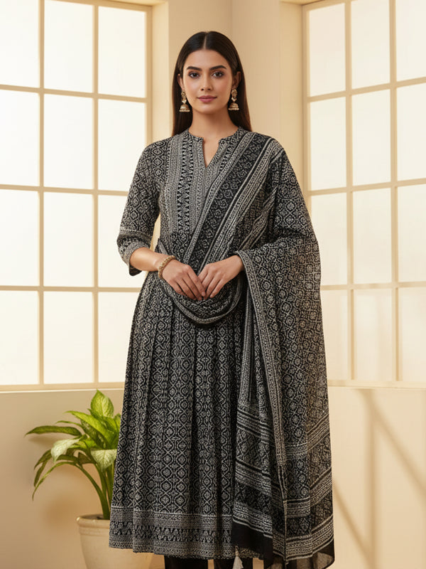 Black Grey printed Cotton Kurti Set with all over printed Dupatta