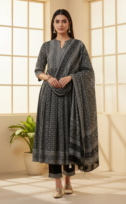 Black cotton  Ethnic printed kurti set with all over printed dupatta  a semi-collar v neck