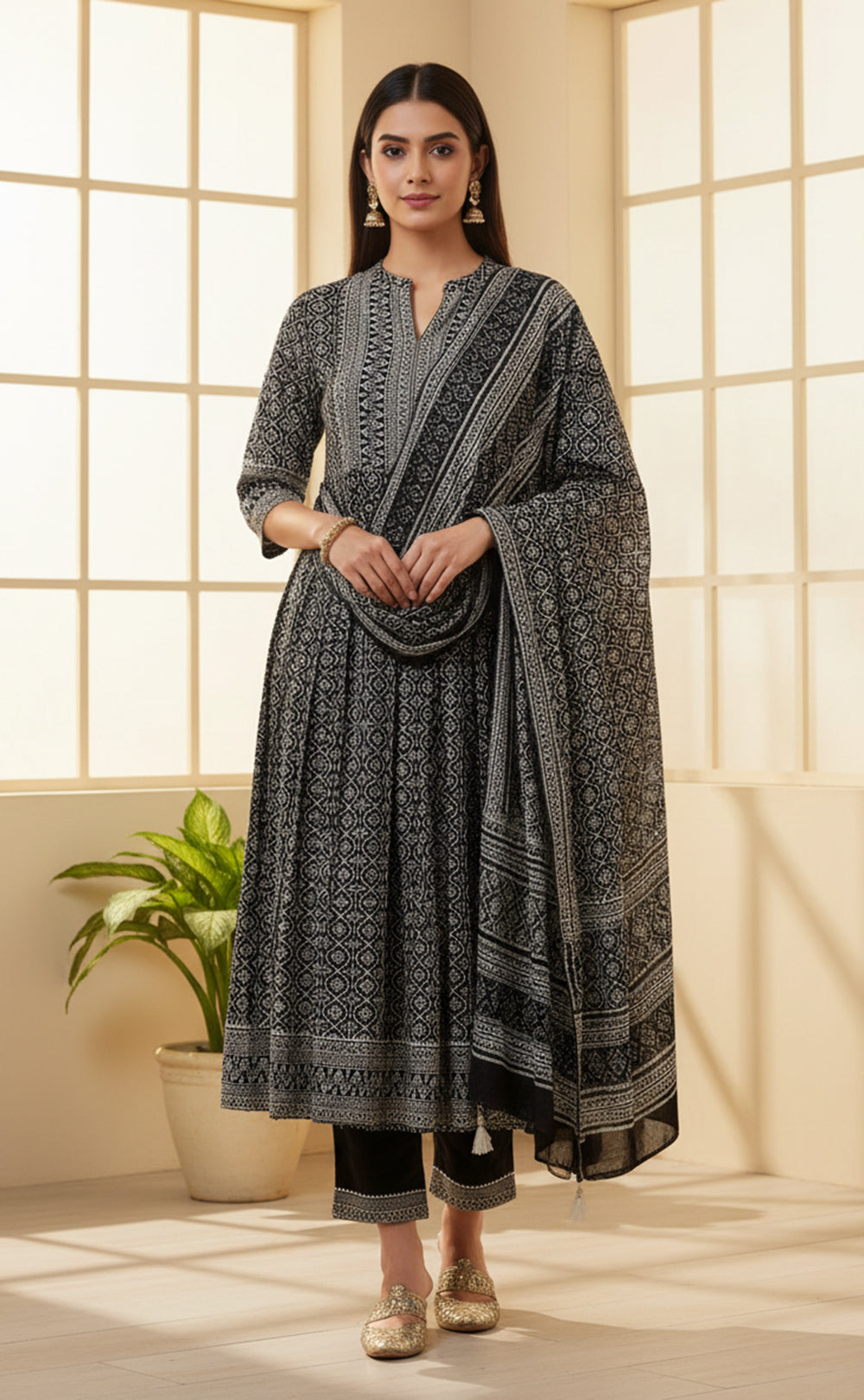 Black cotton  Ethnic printed kurti set with all over printed dupatta  a semi-collar v neck