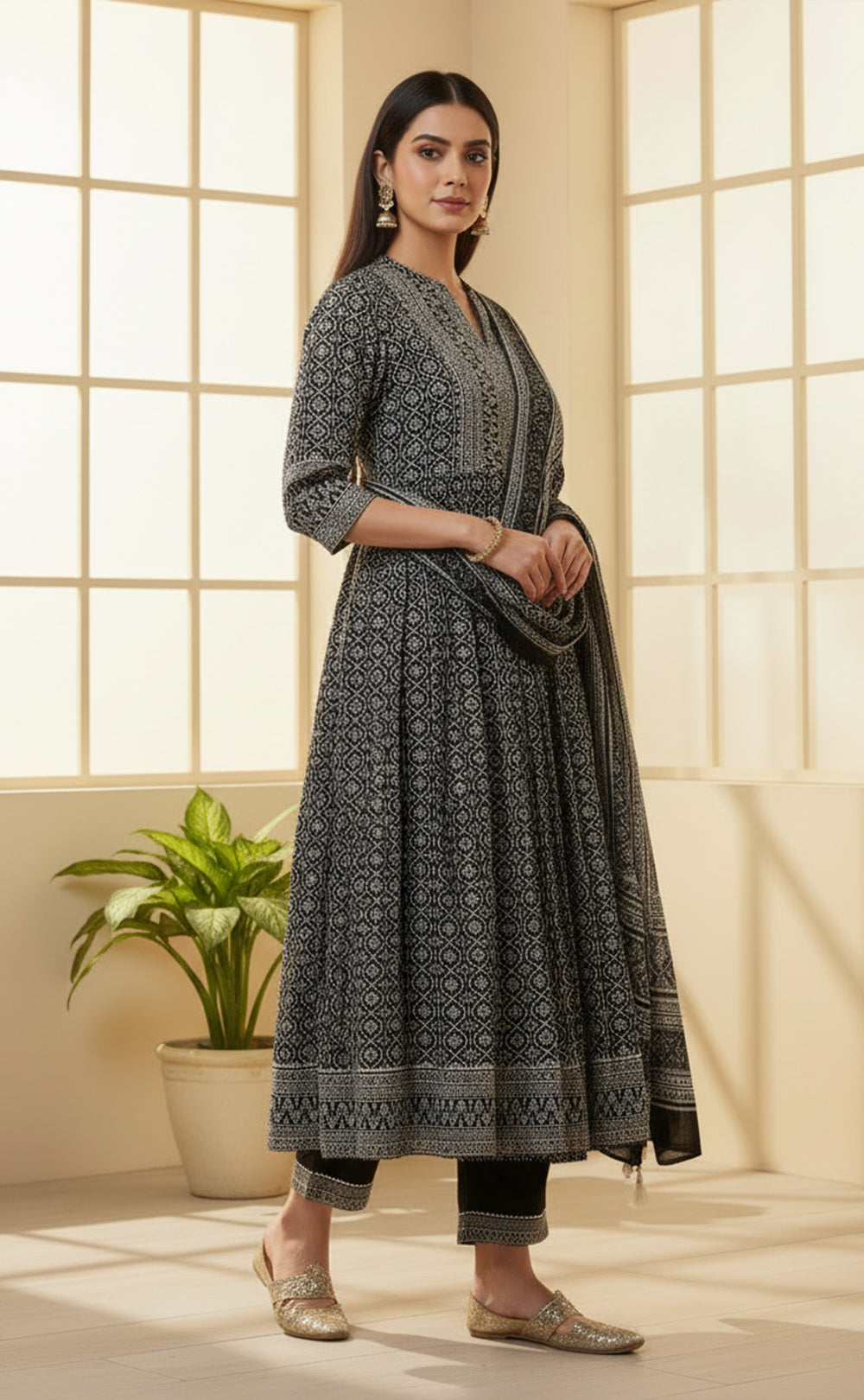 Black cotton  Ethnic printed kurti set with all over printed dupatta  a semi-collar v neck