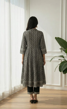 Black cotton  Ethnic printed kurti set with all over printed dupatta  a semi-collar v neck