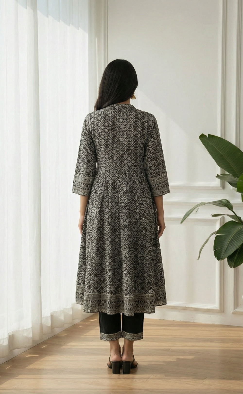 Black cotton  Ethnic printed kurti set with all over printed dupatta  a semi-collar v neck