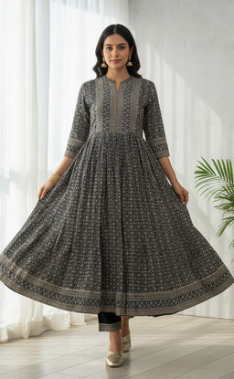 Black cotton  Ethnic printed kurti set with all over printed dupatta  a semi-collar v neck