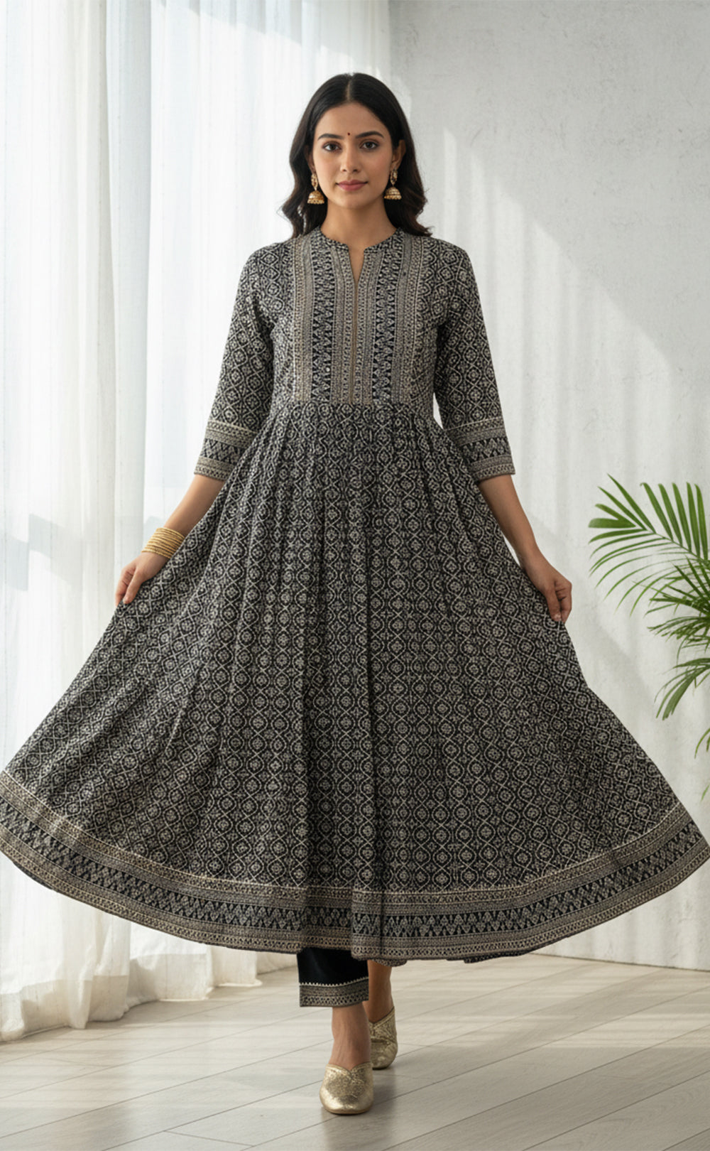 Black cotton  Ethnic printed kurti set with all over printed dupatta  a semi-collar v neck