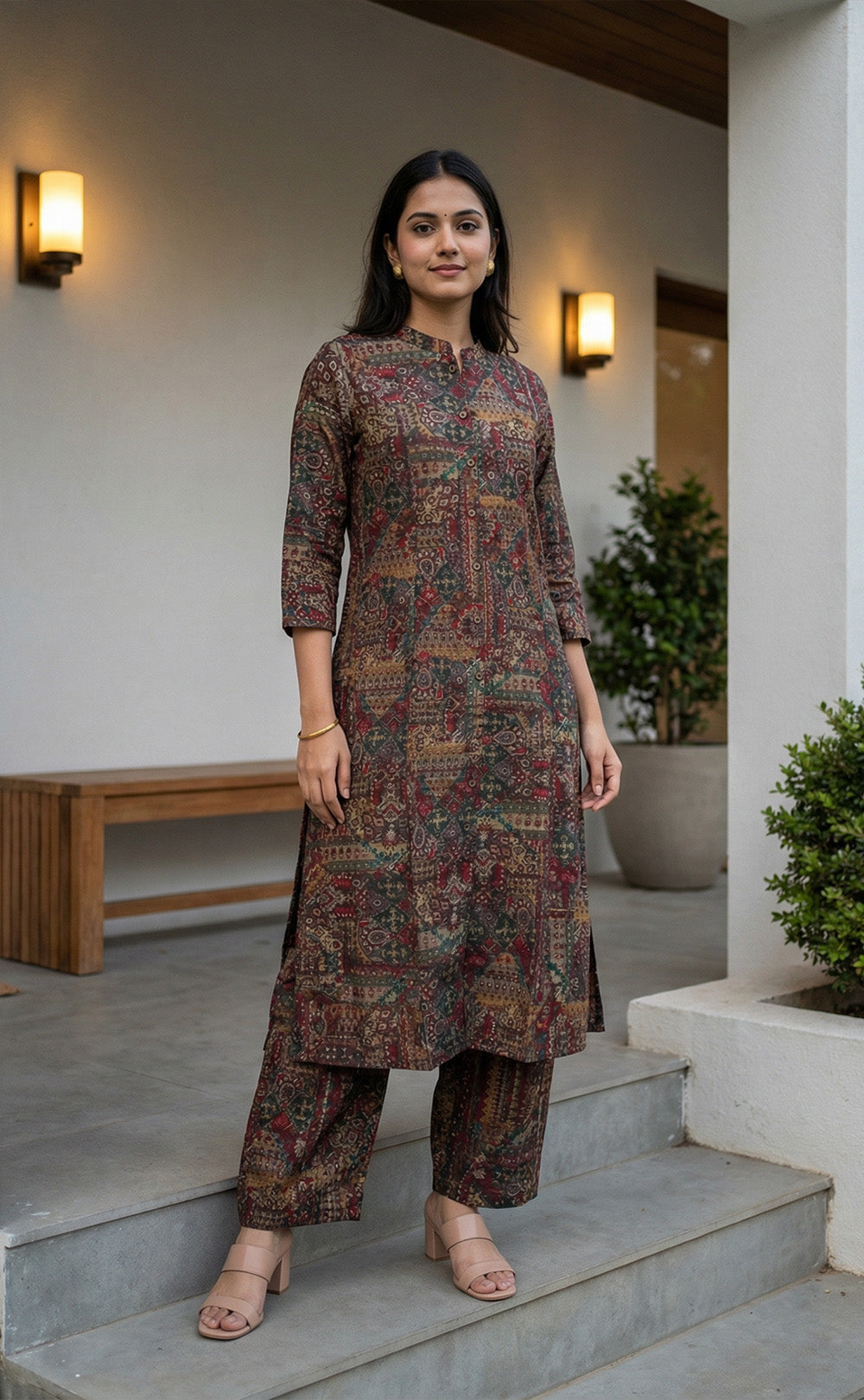 Dark Brown Modal Gold Colour Mix Printed Co-ord Set