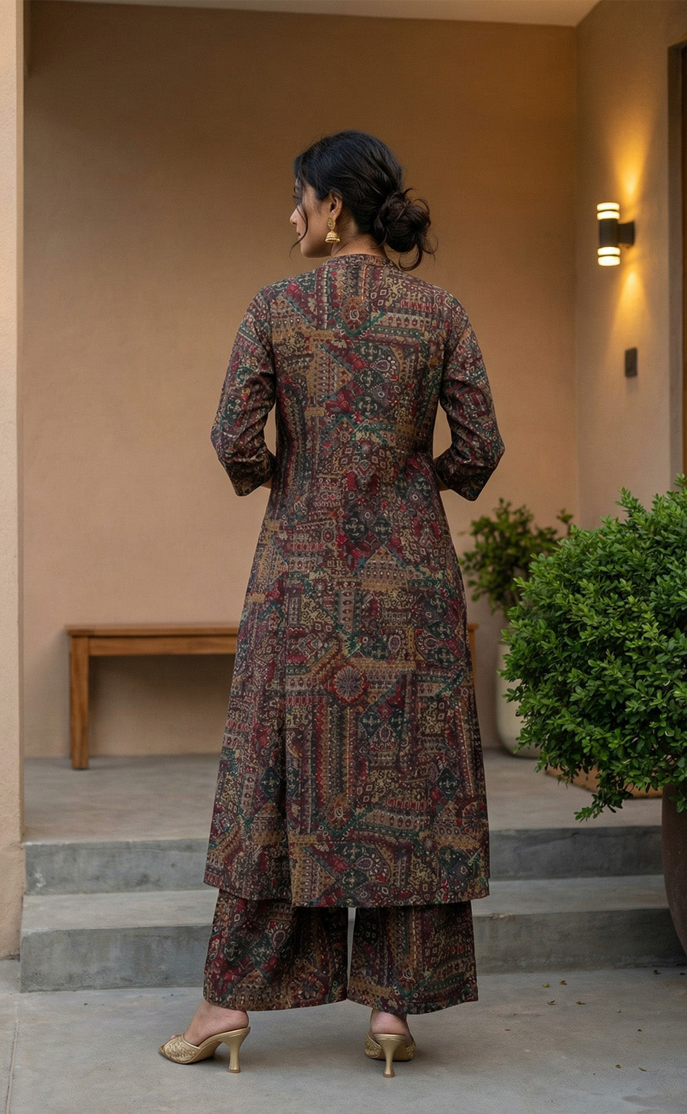 Dark Brown Modal Gold Colour Mix Printed Co-ord Set