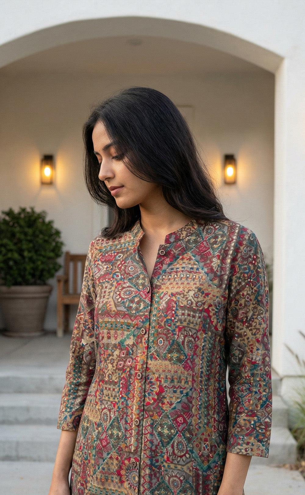 Dark Brown Modal Gold Colour Mix Printed Co-ord Set