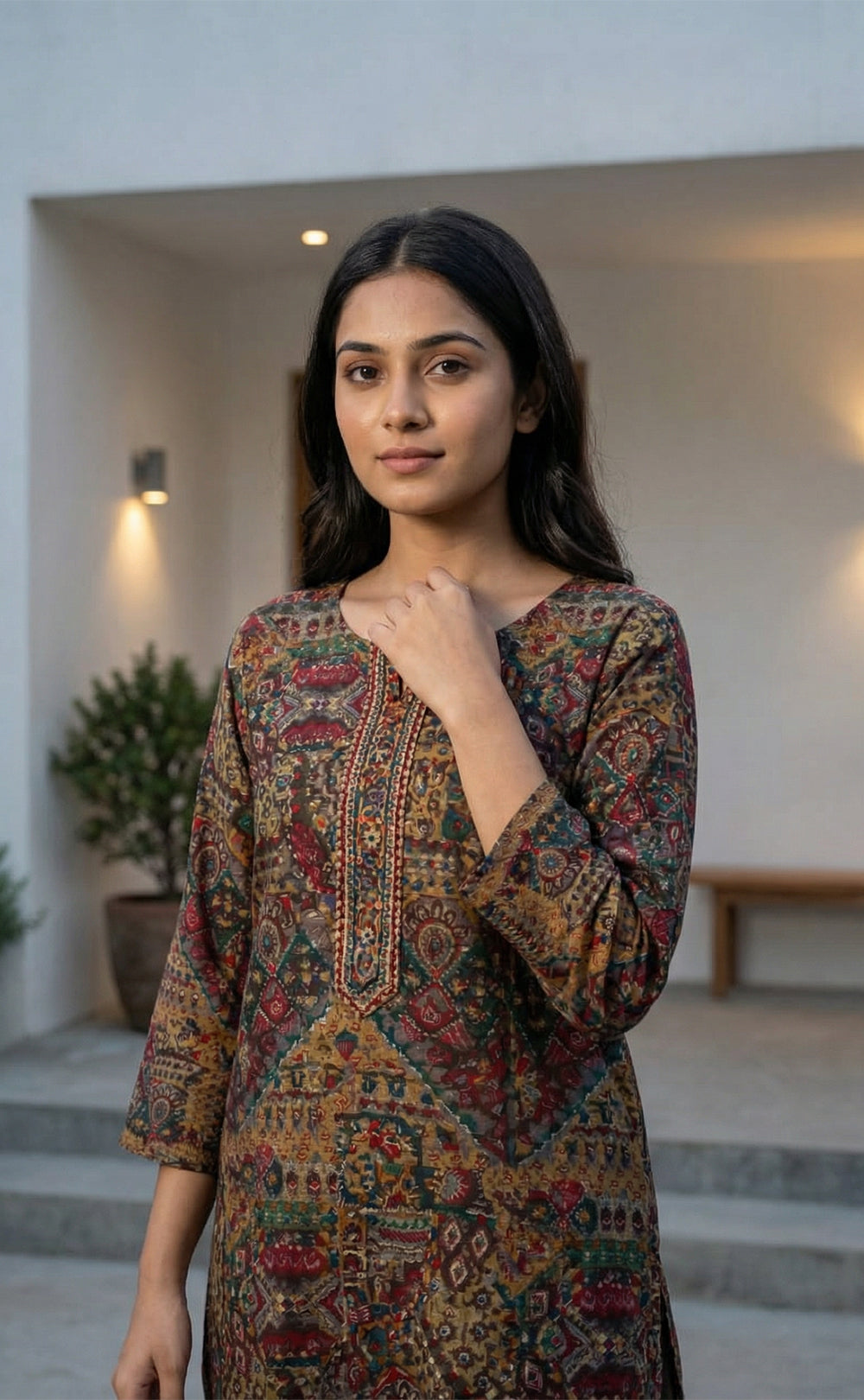 Dark Brown Modal Gold Colour Mix Printed Co-ord Set