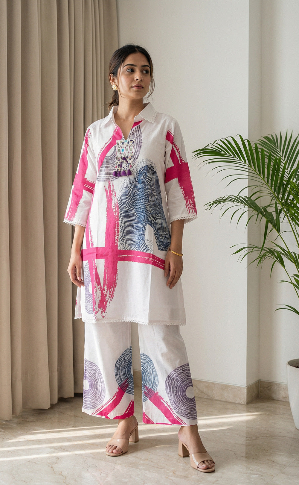White Jute Cotton Mirror patch work printed Co-ord set