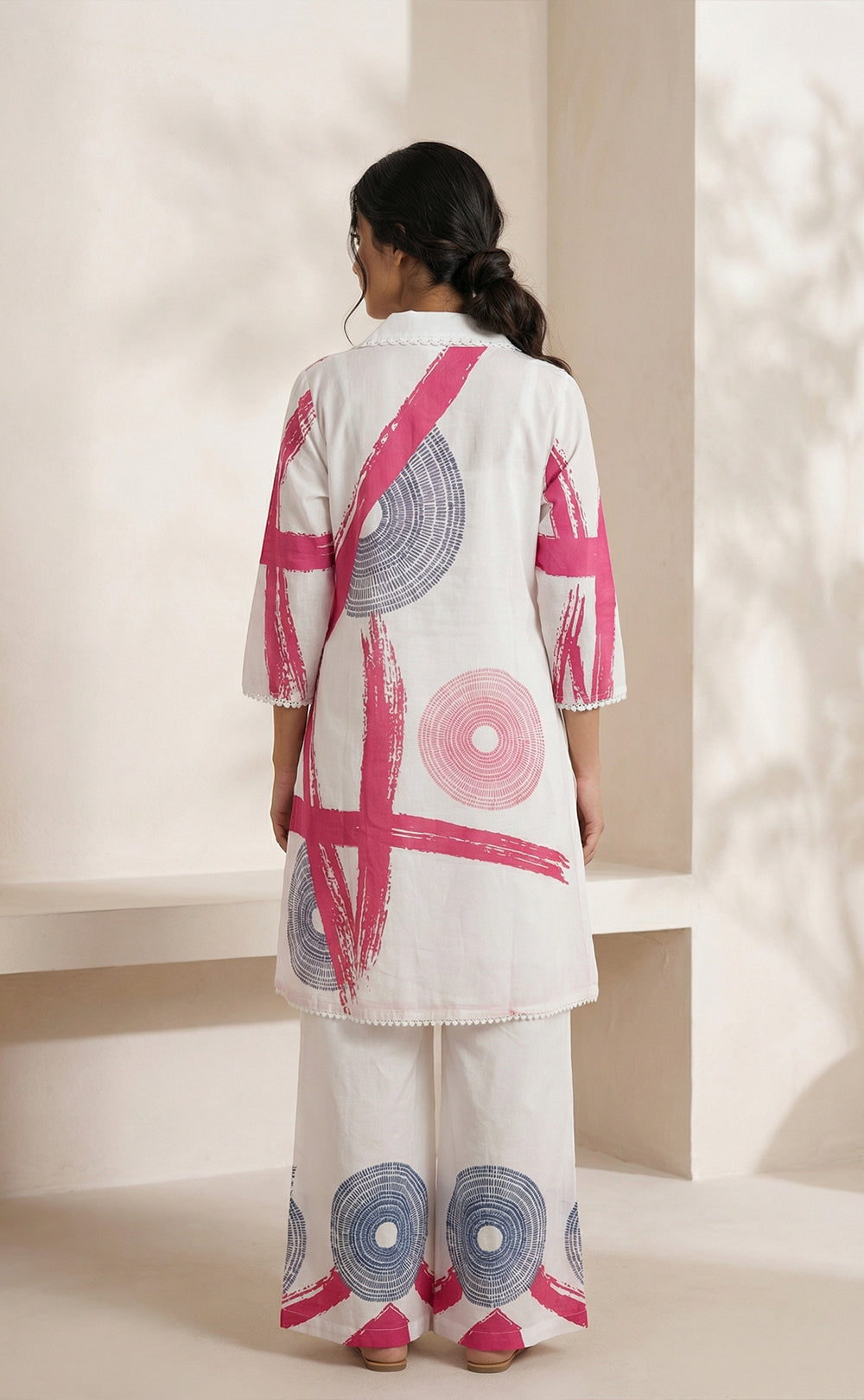 White Jute Cotton Mirror patch work printed Co-ord set
