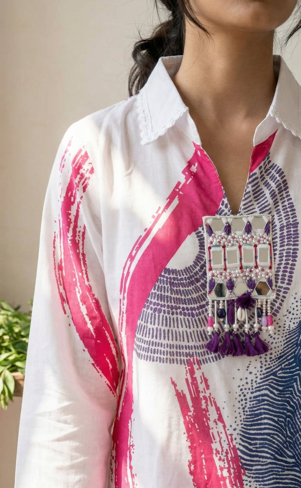 White Jute Cotton Mirror patch work printed Co-ord set